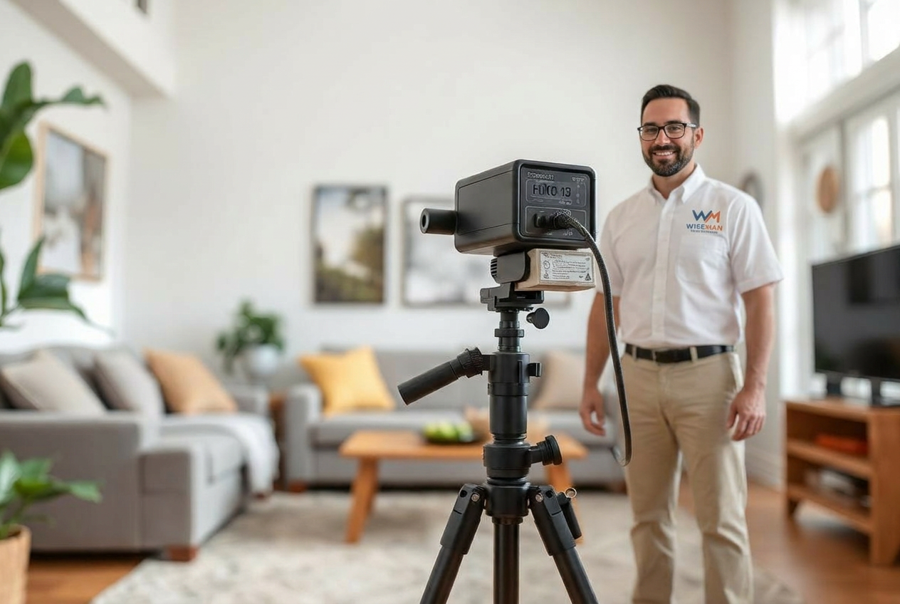 Air sampling pump on tripod collecting spore-trap sample in a San Diego living room