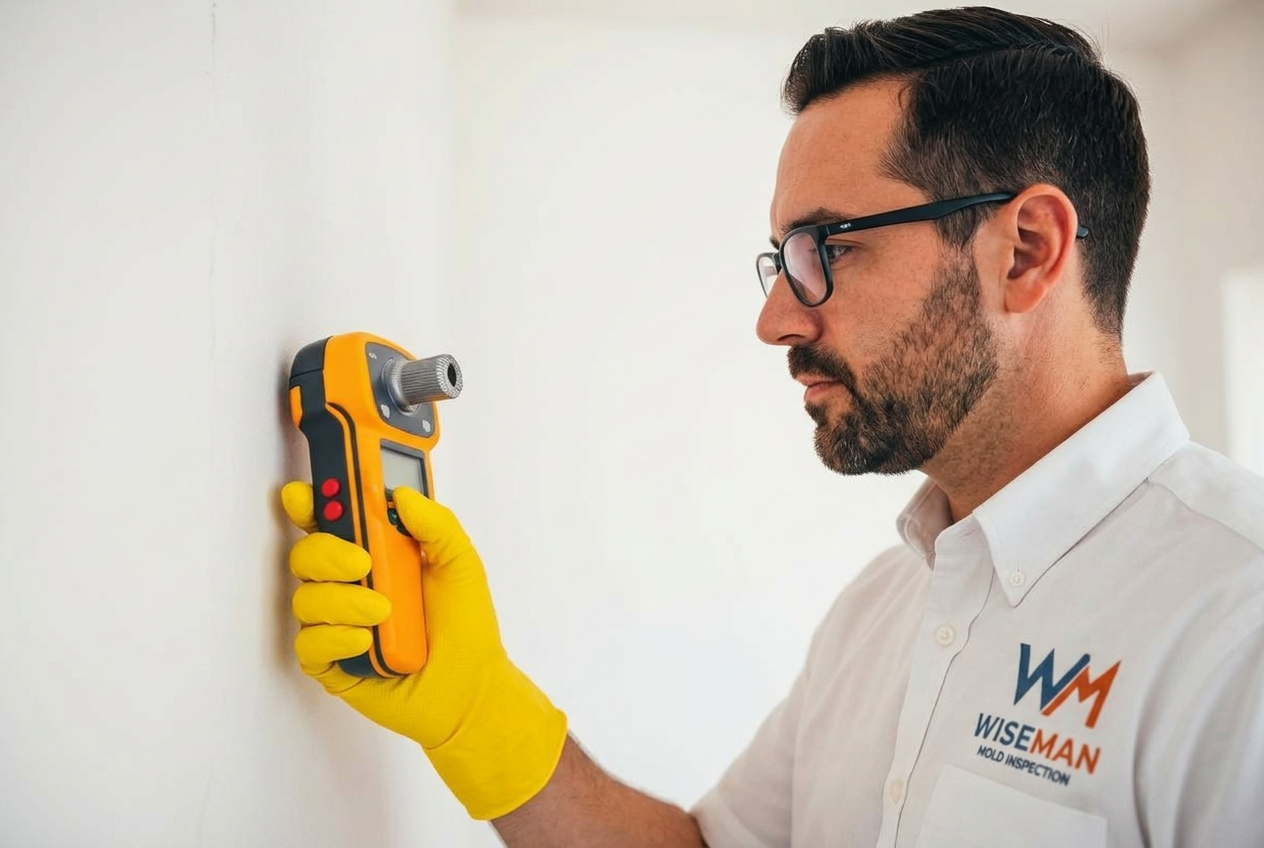 Moisture meter being used against drywall to detect hidden water damage in a San Diego home