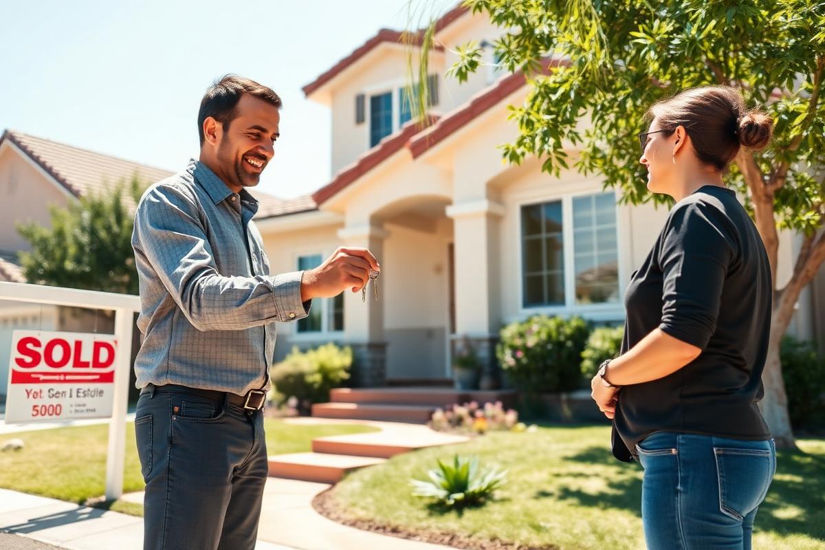 Real estate agent handing keys to homebuyers in front of a San Diego home, representing real estate mold inspection