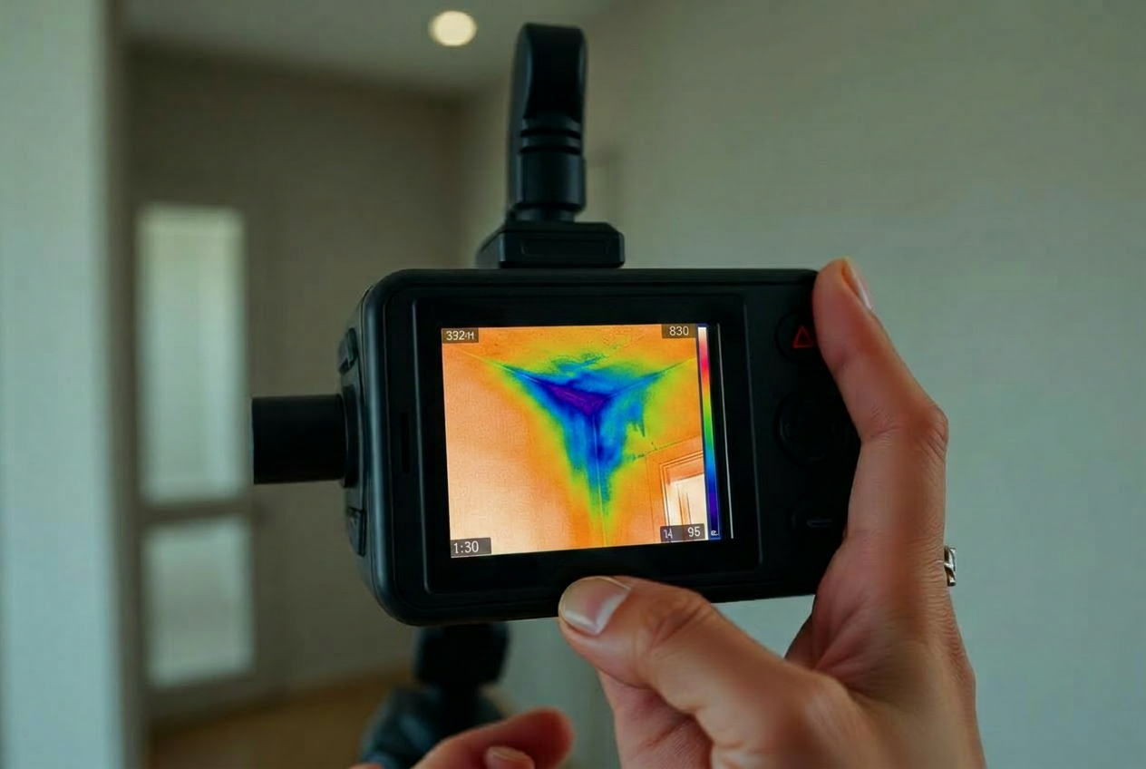 Thermal imaging camera identifying moisture intrusion behind a wall during a mold inspection in San Diego